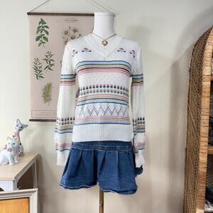 Vintage Rainbow Floral Stripe Open Knit Sweater Cottage Kawaii Coquette Dolly S